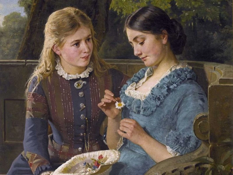 1829-		Berthold Woltze - Scena di parco con giovane donna amorosa
